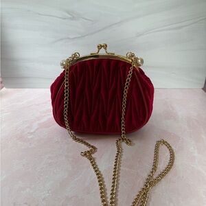 Brand New Elegant Red Velvet Clutch Purse with Gold Chain -Pinup Style